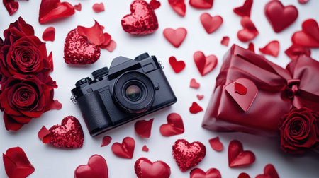 A flat lay of Valentine's Day photography essentials, including a camera, heart-shaped props, and red rose petals.の素材