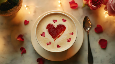 A creative latte art design featuring a heart, served in a cozy caf with romantic Valentine's Day decor.の素材