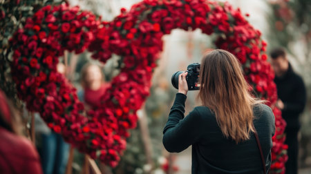 A photographer capturing a Valentine's Day proposal, with the couple standing by a heart-shaped floral arch.の素材