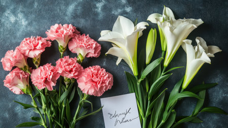 A flat lay of Valentine's Day flowers, including pink carnations and white lilies, with a handwritten love note.の素材