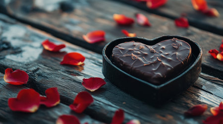 A heart-shaped box of chocolates opened on a rustic wooden table, surrounded by rose petals.の素材