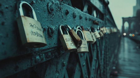 A creative photo of love locks on a bridge, each engraved with couples' names and special dates.の素材