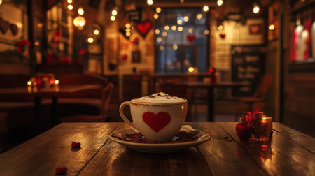 A creative latte art design featuring a heart, served in a cozy caf with romantic Valentine's Day decor.の素材