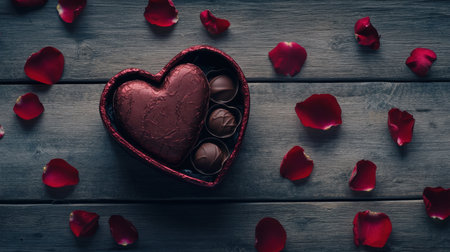 A heart-shaped box of chocolates opened on a rustic wooden table, surrounded by rose petals.の素材
