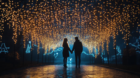 A photographer capturing a Valentine's Day moment with a couple holding hands under a string of fairy lights.の素材