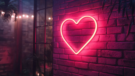 A glowing neon heart sign hanging on a brick wall, creating a cozy Valentine's Day ambiance.の素材
