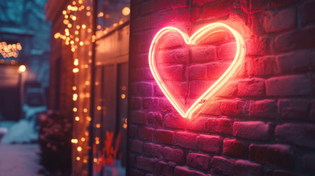 A glowing neon heart sign hanging on a brick wall, creating a cozy Valentine's Day ambiance.の素材