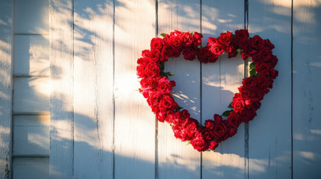 A heart-shaped wreath made of red roses, hanging on a white wooden door with sunlight streaming through.の素材