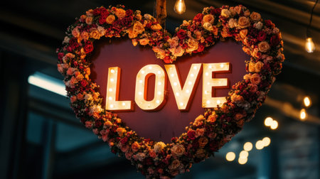 A heart-shaped floral wreath hanging above a LOVE marquee light at a Valentine's Day celebration.の素材
