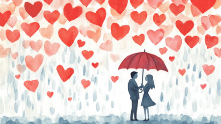 A hand-drawn Valentine's Day illustration of a couple sharing an umbrella under a shower of heart-shaped raindrops.の素材