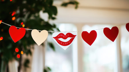 A playful Valentine's Day banner with a whimsical font, featuring red lips and hearts, strung across a party venue.の素材