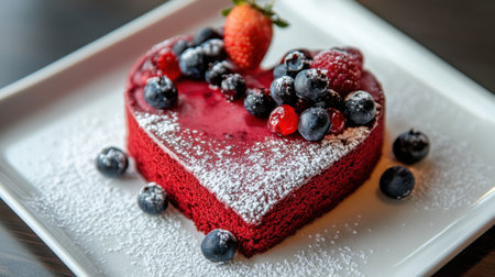 A red velvet cake shaped like a heart, topped with fresh berries and powdered sugar, on a white platter.の素材