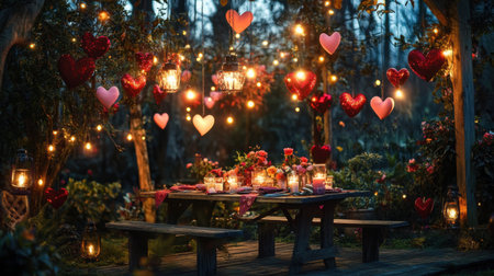 A romantic garden decorated with lanterns, hanging hearts, and a Valentine's Day picnic table setup.の素材