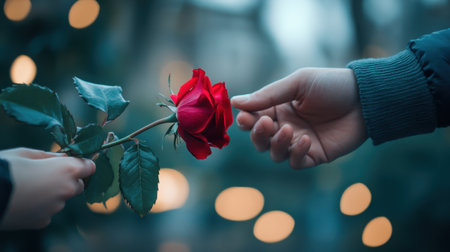 A romantic Valentine's Day proposal scene with a man presenting a single red rose to his partner.の素材