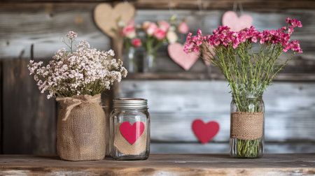 A rustic farmhouse-style Valentine's Day setup with mason jars filled with flowers and a burlap heart garland.の素材