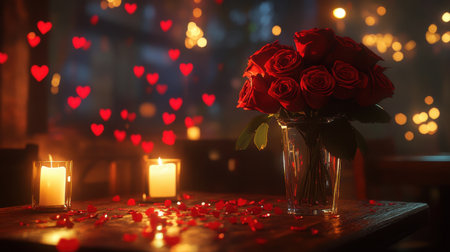 A romantic setting with red roses in a vase and heart-shaped confetti scattered around a candlelit dinner table.の素材