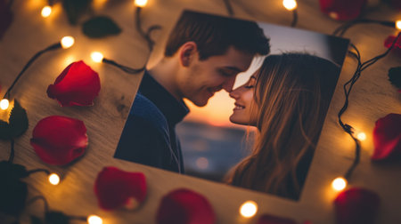 A romantic Valentine's Day card with a photo insert, surrounded by a frame of fairy lights and rose petals.の素材