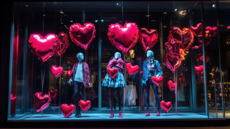 A storefront window display with Valentine's Day-themed decorations, including mannequins holding heart balloons.の素材
