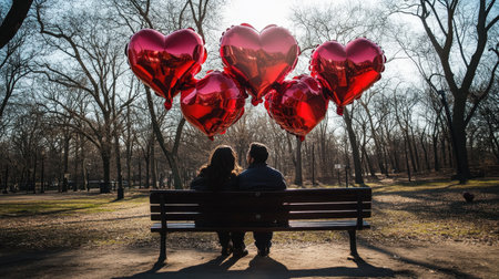 A Valentine's Day photoshoot with a couple sitting on a park bench, surrounded by heart-shaped balloons.の素材