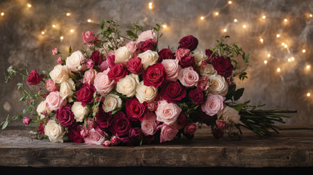 A stunning romantic bouquet of roses in shades of red, pink, and white, resting on a rustic wooden table with soft fairy lights in the background.の素材