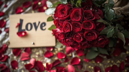 A stunning red rose bouquet surrounded by scattered rose petals and a Love sign, creating a romantic atmosphere for a special occasion.の素材