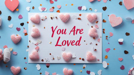 A Valentine's Day card with a You Are Loved message surrounded by candy hearts and confetti.の素材