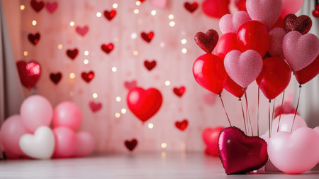 A Valentine's Day photo booth setup with a backdrop of red and pink balloons, glittery hearts, and props.の素材