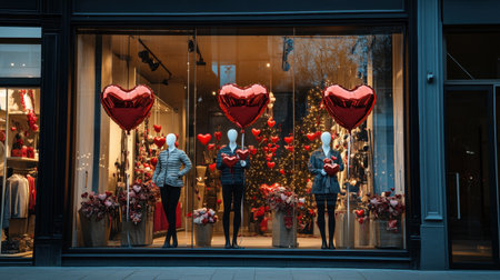 A storefront window display with Valentine's Day-themed decorations, including mannequins holding heart balloons.の素材