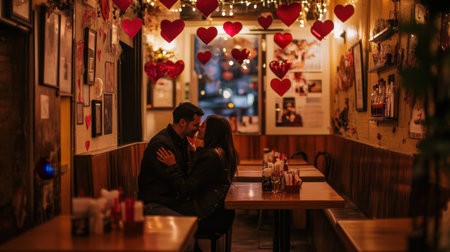A Valentine's Day engagement proposal in a cozy caf with heart-shaped decorations and a couple embracing.の素材