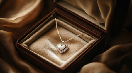 A sparkling heart-shaped necklace displayed in an open jewelry box on a soft velvet cloth.の素材