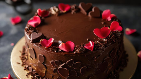 A Valentine's Day chocolate cake decorated with delicate rose petals, heart-shaped chocolate pieces, and icing.の素材