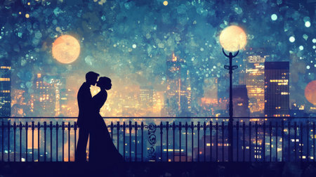 A silhouette of a couple sharing a kiss on a balcony overlooking a glittering nighttime cityscape.の素材