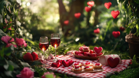 A Valentine's Day date set up with a picnic blanket, wine, and heart-shaped treats in a picturesque garden.の素材