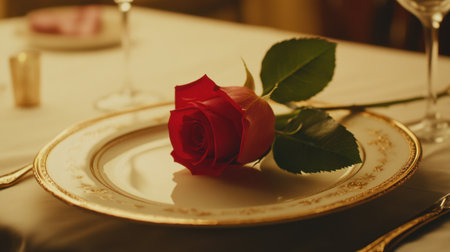 A single rose placed on a dinner plate as part of an elegant Valentine's Day table setting.の素材