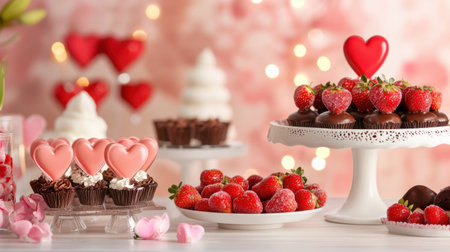 A Valentine's Day party scene with a beautiful dessert table featuring heart-shaped treats and chocolate-dipped strawberries.の素材