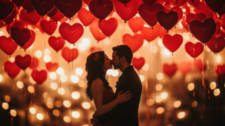 A Valentine's Day themed photoshoot with a couple sharing a kiss under a canopy of heart-shaped balloons.の素材