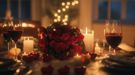 A Valentines rose bouquet placed on a romantic dinner table with wine glasses, candles, and heart-shaped decorations.の素材