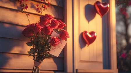 A Valentines Day delivery of roses with a love note, sitting on a doorstep with a heart-shaped balloon in the background.の素材