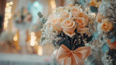 A wedding rose bouquet tied with satin ribbons, placed on a wedding altar with floral decorations and a soft-focus background.の素材