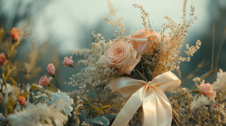 A wedding rose bouquet tied with satin ribbons, placed on a wedding altar with floral decorations and a soft-focus background.の素材