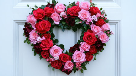 A vibrant heart-shaped floral wreath made with red and pink roses, displayed on a white door.の素材