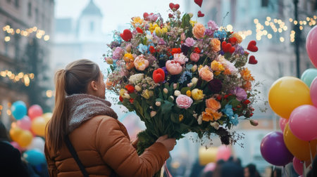 A woman admiring a large bouquet of Valentine's Day flowers in a city square, surrounded by balloons.の素材