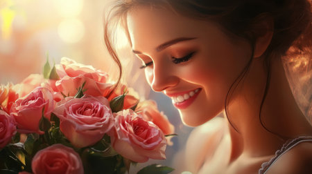 A woman receiving a romantic rose bouquet, smiling joyfully as she embraces the beautiful flowers, with a soft-focus background.の素材