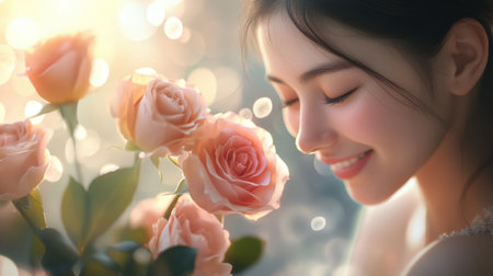 A woman receiving a romantic rose bouquet, smiling joyfully as she embraces the beautiful flowers, with a soft-focus background.の素材