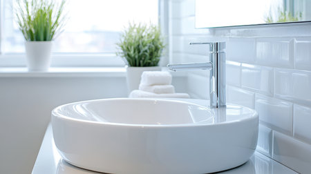 A modern bathroom featuring a stylish sink and sleek faucet, complemented by clean lines and fresh greenery. Bright and minimalist design creates a tranquil atmosphere.の素材