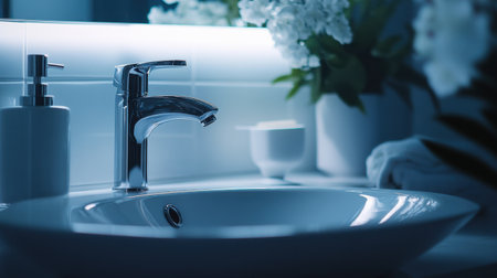 A close-up view of a modern bathroom sink featuring a polished faucet, complemented by elegant floral decor. Ideal for showcasing contemporary design and bathroom aesthetics.の素材