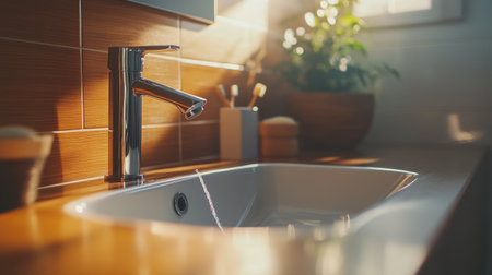 This image captures a modern elegant bathroom interior, featuring a sleek sink and faucet with warm wood accents and soft natural light, creating a serene atmosphere.の素材