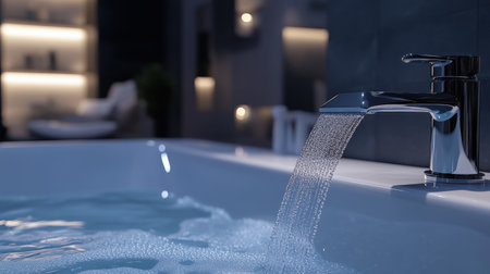 This close-up image showcases a luxurious bathtub faucet with flowing water, ideal for conveying elegance and relaxation in modern bathroom designs.の素材