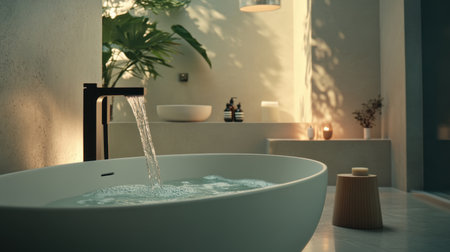 Experience the essence of luxury with this serene bathroom scene featuring a modern faucet and flowing water, showcasing a blend of elegance and tranquility.の素材