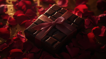 A beautifully wrapped Valentine's Day chocolate gift box with a satin ribbon, surrounded by rose petals and soft lighting.の素材